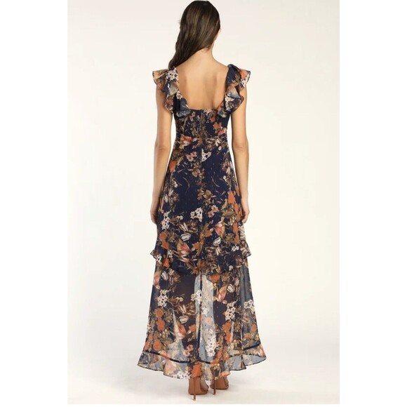 Lulus Maxi Dress Womens Navy Blue Stunning Favorite Floral Ruffled High-Low M - Picture 3 of 9